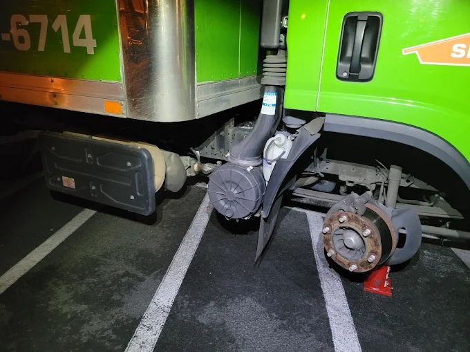 Truck wheel removed for service
