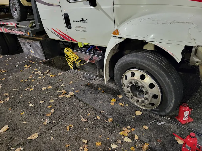Truck tire service at night